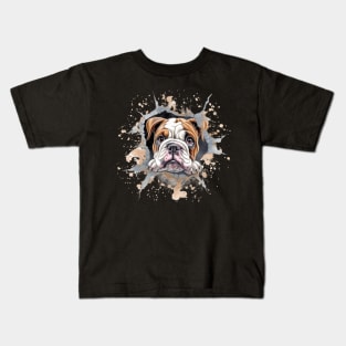 Cute Bulldog Puppy Looking Through Hole in the Wall. Kids T-Shirt
